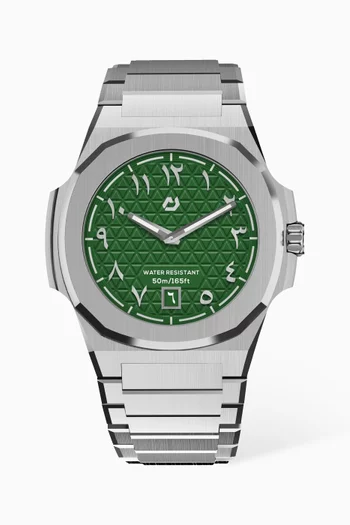 316L Stainless Steel 40.5mm Case, Sapphire Crystal Glass, Steel Bracelet, WR100M, Swiss Ronda 714, Swiss Luminous Hands, Extra Black Rubber Strap, Green Dial, Index:SILVER:One Size|220115943