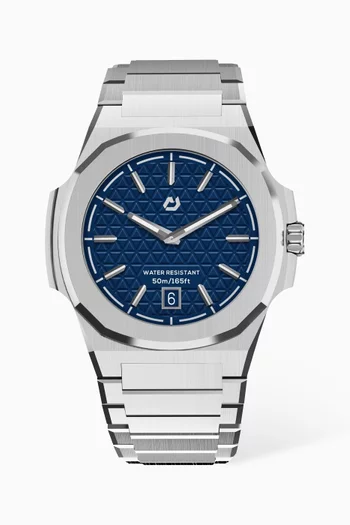 316L Stainless Steel 40.5mm Case, Sapphire Crystal Glass, Steel Bracelet, WR100M, Swiss Ronda 714, Swiss Luminous Hands, Extra Black Rubber Strap, Blue Dial, Index:SILVER:One Size|220115941