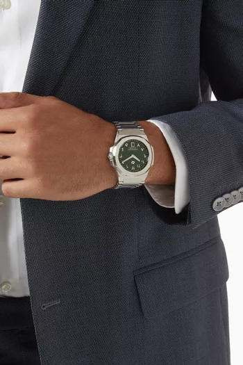 316L Stainless Steel 40.5mm Case, Sapphire Crystal Glass, Steel Bracelet, WR100M, Swiss Ronda 714, Swiss Luminous Hands, Extra Black Rubber Strap, Green Dial, Arabic:SILVER:One Size|220115940