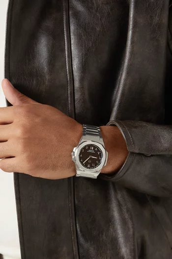 316L Stainless Steel 40.5mm Case, Sapphire Crystal Glass, Steel Bracelet, WR100M, Swiss Ronda 714, Swiss Luminous Hands, Extra Black Rubber Strap, Black Dial, Arabic:SILVER:One Size|220115939
