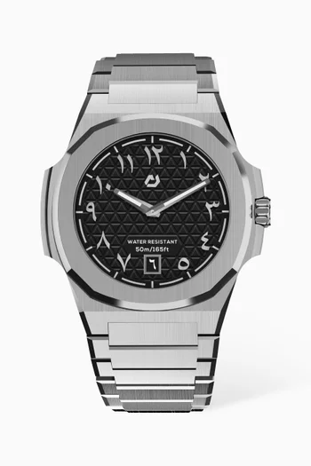 316L Stainless Steel 40.5mm Case, Sapphire Crystal Glass, Steel Bracelet, WR100M, Swiss Ronda 714, Swiss Luminous Hands, Extra Black Rubber Strap, Black Dial, Arabic:SILVER:One Size|220115939