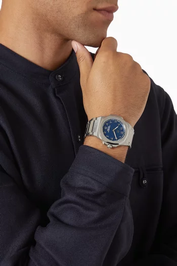 316L Stainless Steel 40.5mm Case, Sapphire Crystal Glass, Steel Bracelet, WR100M, Swiss Ronda 714, Swiss Luminous Hands, Extra Black Rubber Strap, Blue Dial, Arabic:SILVER:One Size|220115942