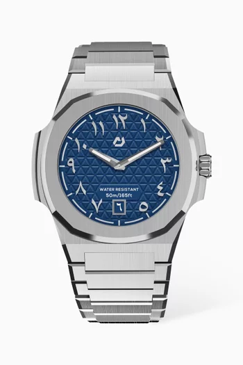 316L Stainless Steel 40.5mm Case, Sapphire Crystal Glass, Steel Bracelet, WR100M, Swiss Ronda 714, Swiss Luminous Hands, Extra Black Rubber Strap, Blue Dial, Arabic:SILVER:One Size|220115942