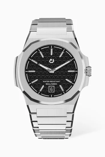316L Stainless Steel 40.5mm Case, Sapphire Crystal Glass, Steel Bracelet, WR100M, Swiss Ronda 714, Swiss Luminous Hands, Extra Black Rubber Strap, Black Dial, Index:SILVER:One Size|220115938