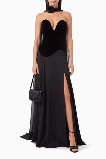 Vala Strapless Gown in Velvet & Crepe
