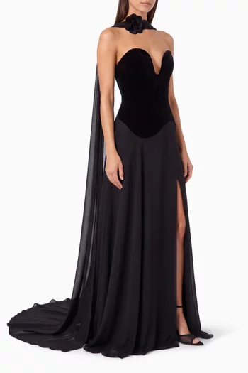Vala Strapless Gown in Velvet & Crepe