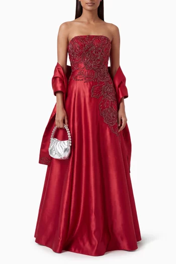 Strapless Floral Appliqué Ball Gown in Satin