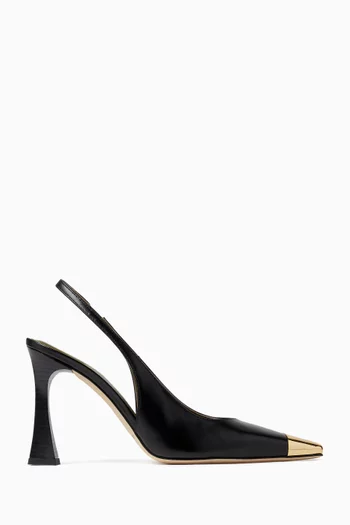 PILAR NAPPA SLING BACK PUMPS WITH HIGH HEEL STILETTO IN LEATHER WITH GOLD POINTED TOE TIP:BLK:36|220157022