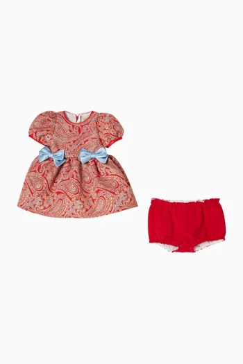 Puff-sleeve Bodice Dress & Bloomers in Metallic Jacquard