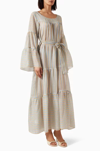 فستان صن فلور طويل بنقشة مخططة كتان