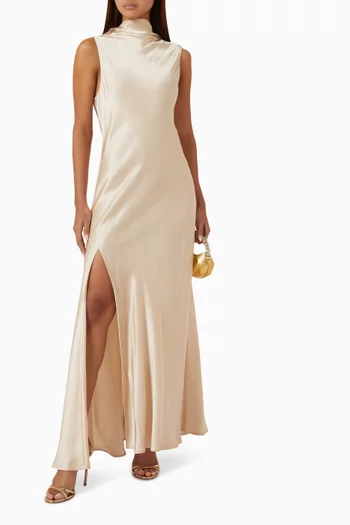 Drape Neck Sleeveless Gown in Satin