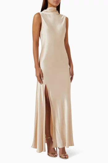 Drape Neck Sleeveless Gown in Satin