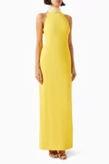 Buy Badgley Mischka Yellow Beaded Halter-neck Column Gown in Crepe ...