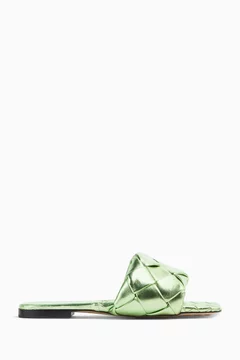Buy Bottega Veneta Green Lido Flat Sandals in Metallic Intrecciato