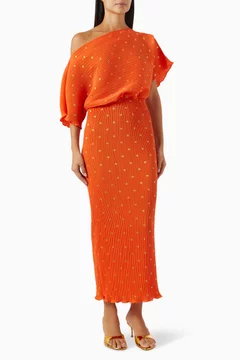 Buy Never Fully Dressed Orange Tilly Midi Dress in Plisse For Women Online | Ounass Saudi