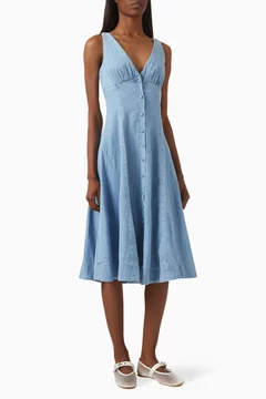 Buy Reformation Blue Sebastien Midi Dress in Denim For Women Online | Ounass Saudi