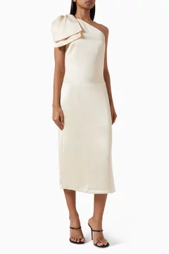 Buy Elliatt Neutral Ameera Asymmetrical Midi Dress in Satin For Women Online | Ounass Saudi