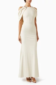 Buy Club L London Neutral Yulia Cape-sleeves Maxi Dress in Crepe For Women Online | Ounass Saudi