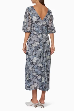 Buy Ganni Blue Blue Elm Georgette V Neck Printed Dress for Women