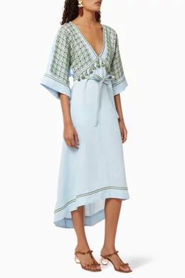 Buy My Sleeping Gypsy Blue Greece Embroidered Midi Dress for Women