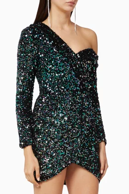 Lavish alice sequin velvet off shoulder asymmetric mini dress online