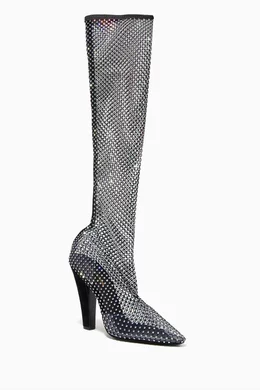 Buy SAINT LAURENT Black 68 Boots in Mesh with Rhinestones for