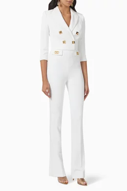Buy Elisabetta Franchi White Studded Double breasted Jumpsuit in