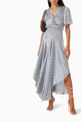 Buy Maje Blue Rachelona All over Logo Maxi Dress in Satin for