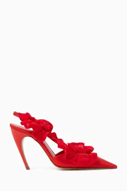 Buy Nensi Dojaka Red Ruffle Point Toe 100 Pumps in Satin for