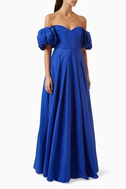 Buy Marchesa Notte Blue Off the shoulder Gown in Taffeta for