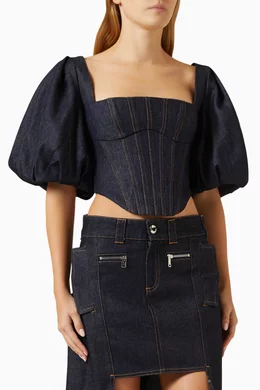 Buy Rozie Corsets Blue Puff-sleeve Corset Top in Denim for Women