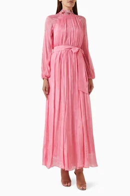 Pink chiffon high neck embellished sales maxi dress