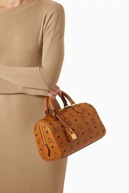 Buy MCM Brown Small Boston Bag in Visetos Canvas for Women in