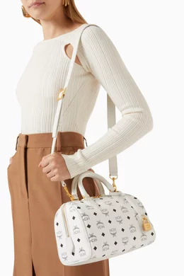 Buy MCM White Small Boston Bag in Visetos Canvas for Women in