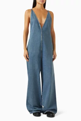 Buy Prada Blue Plunging Neckline Jumpsuit in Denim for Women in
