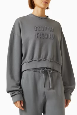 Buy Miu Miu Grey Embroidered Logo Sweatshirt in Cotton fleece for