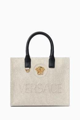 Buy Versace Grey Small La Medusa Tote Bag in Canvas for Women