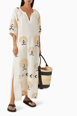 Buy Kori Gold Mini Peacocks Belt Maxi Dress in Linen for Women in