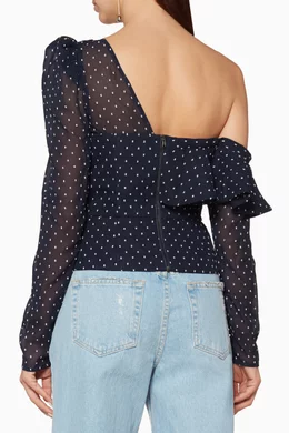 Buy Self-Portrait Blue Navy Polka Dot Plumetis Frill Top For Women 
