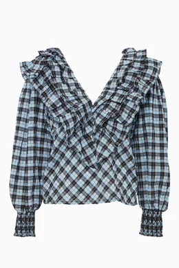 Buy Ganni Blue Dark-Blue Checked Charron Top For Women Online | Ounass Saudi