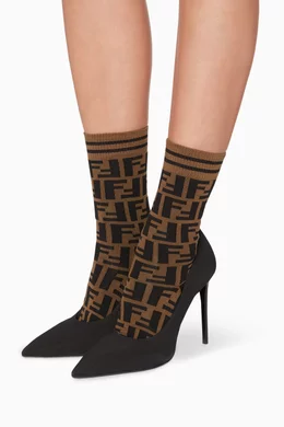 Buy Fendi Brown Brown Logo Print Crew Socks For Women Online Ounass Saudi
