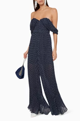 Buy Self-Portrait Blue Plumetis Off-The-Shoulder Jumpsuit For