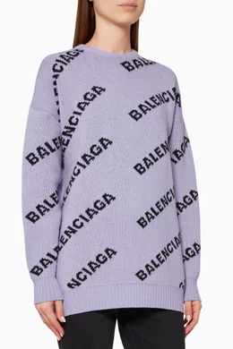 Buy Balenciaga Purple Logo Embroidered Jacquard Wool Sweater For