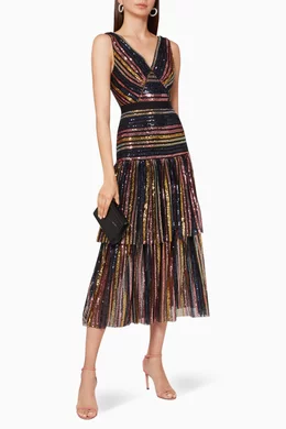 self portrait striped sequin dress Rent Sequin-Striped Tiered Midi Dre - Self-Portrait