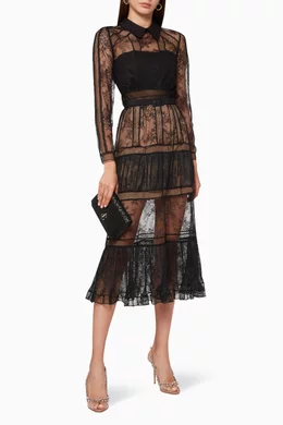 Buy Self-Portrait Black Fine Lace Midi Dress For Women Online | Ounass Saudi