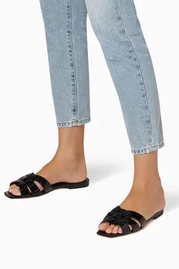 Buy SAINT LAURENT Black Tribute Flat Sandals in Patent Leather For