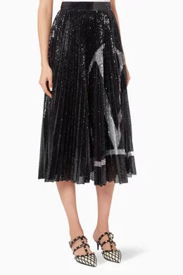 Buy Valentino Garavani Black VLOGO Sequinned Jersey Pleated Skirt