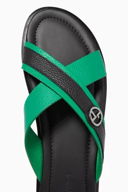Buy Giorgio Armani Green Criss-Cross Slide Sandals in Leather For
