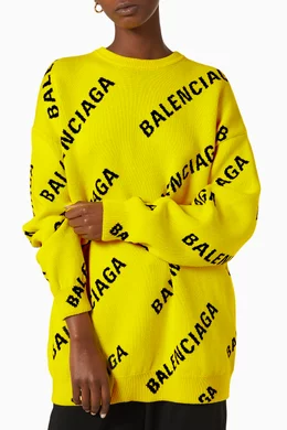 Buy Balenciaga Yellow Allover Logo Crewneck in Wool Jacquard Knit