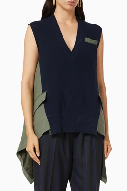 Buy Sacai Blue Knit x Suiting Pullover in Wool For Women Online